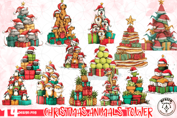 Christmas Animals Tower PNG: Festive Illustrations