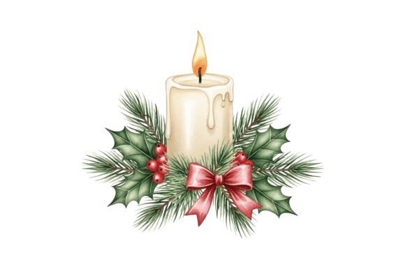 Christmas Candle with Pine and Holly Illustrations