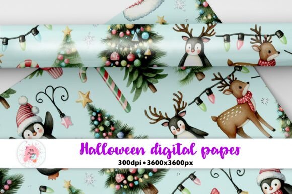 Christmas Deers Digital Paper PNG: Festive Illustrations