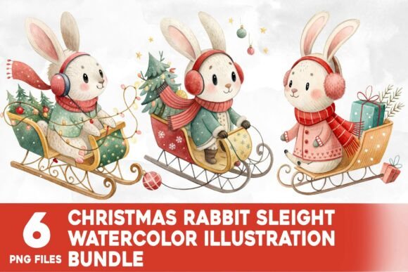 Christmas Rabbit Sleight Watercolor Illustrations