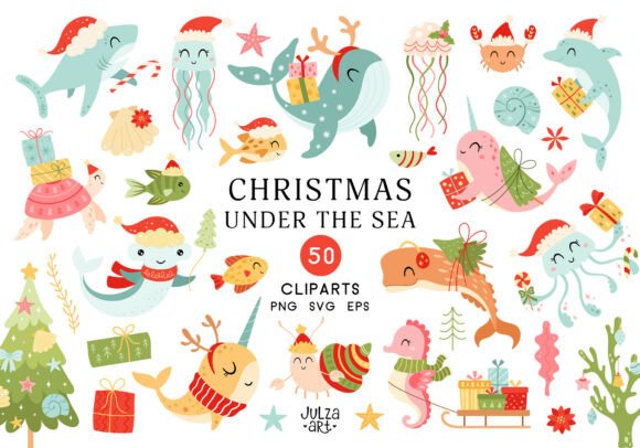 Christmas Sea Animal Clipart: Ocean Illustrations