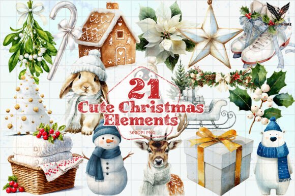 Cute Christmas Elements PNG: Festive Illustrations for Crafters