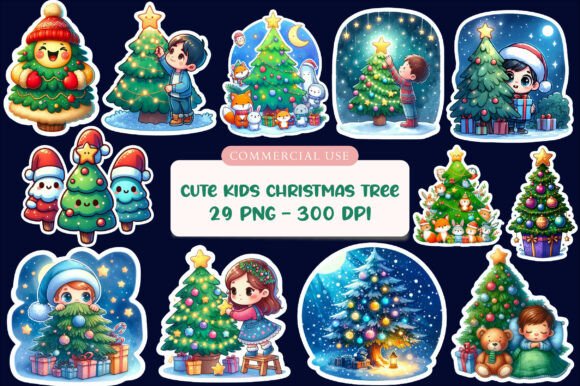 Cute Kids Christmas Tree Sticker Sheet Illustrations
