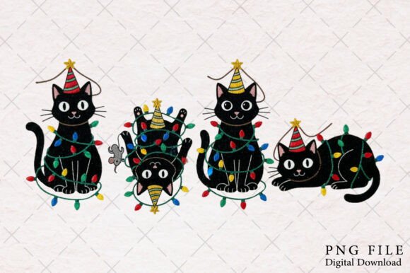 Funny Christmas Cats with Lights PNG Illustrations
