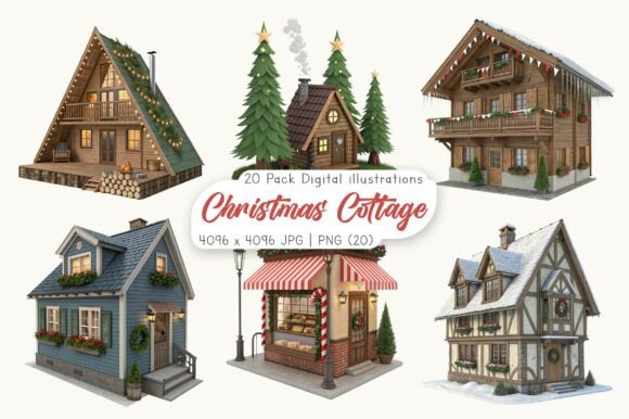 Watercolor Christmas Cottage Clipart & Illustrations