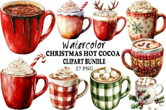 Watercolor Christmas Hot Cocoa Clipart for Illustrations
