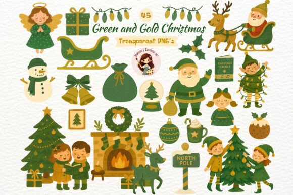 Watercolor Green and Gold Christmas Set Illustrations