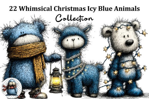 Whimsical Christmas Icy Blue Animals Cli & Illustrations