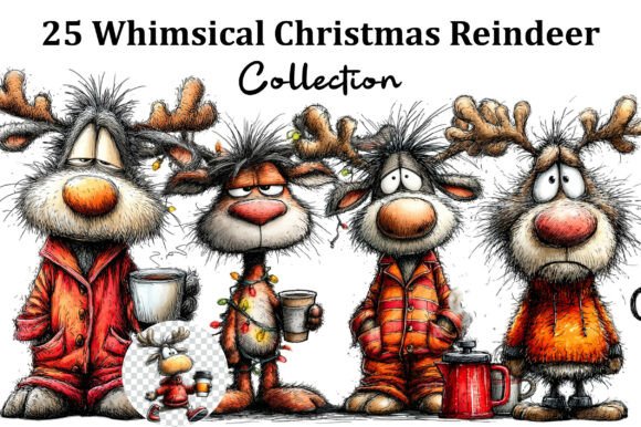 Whimsical Quirky Christmas Reindeer Clip Illustrations