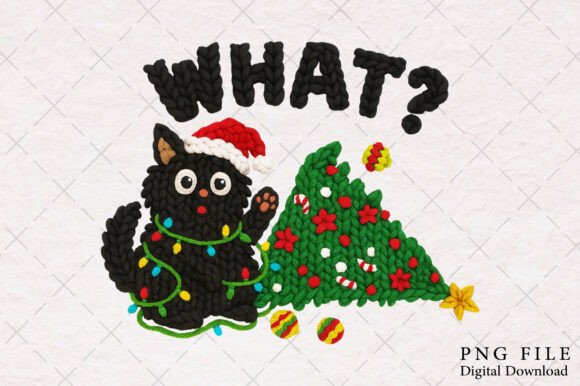 Yarn Crochet Funny Christmas Black Cat Illustrations